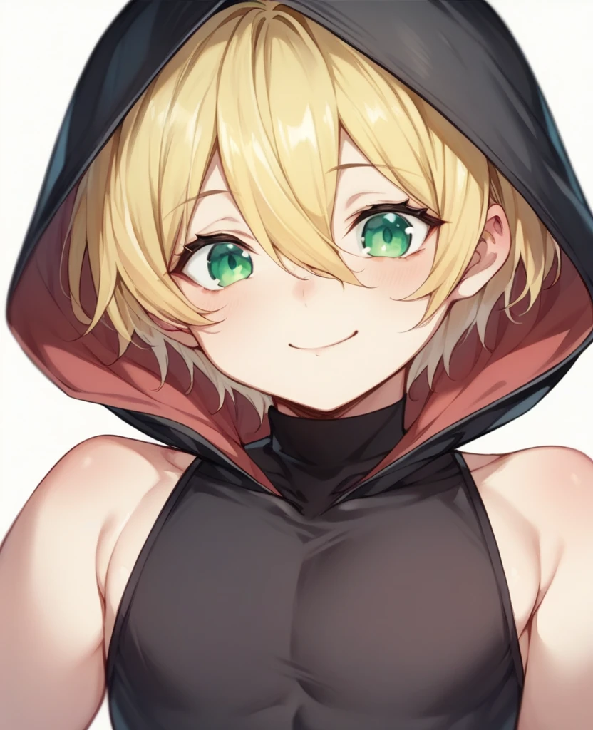 （One girl）、((short hair))、((Blonde))、（Sato Air）、((boyish))、Crossdresser、((flat chest))、green eyes、plump、(mage)、Black hood、Black sleeveless、((hairs between eyes))、light smile