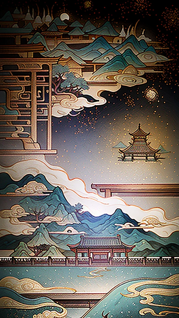 An ancient Chinese painting, ancient Chinese background, mountains, rivers, auspicious clouds, pavilions, sunshine, masterpieces, super detail, epic composition, ultra HD, high quality, extremely detailed, official art, unified 8k wallpaper, Super detail, 32k -- v 6