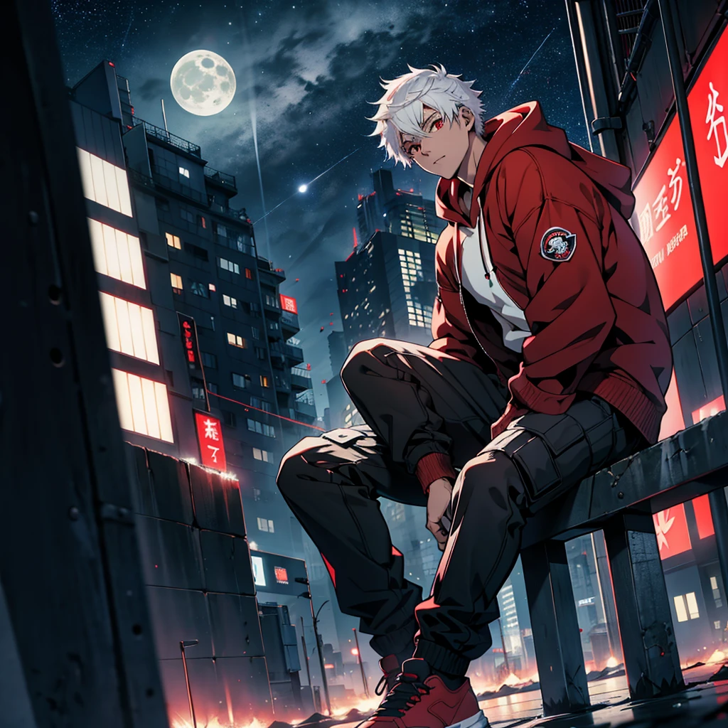 Male anime boy , short white hair, red eyes, wearing red hoodie, black cargo pants, sitting, city, night, moon and stars in sky, absurdres, high res, ultrasharp, 8K, masterpiece, looking at viewer