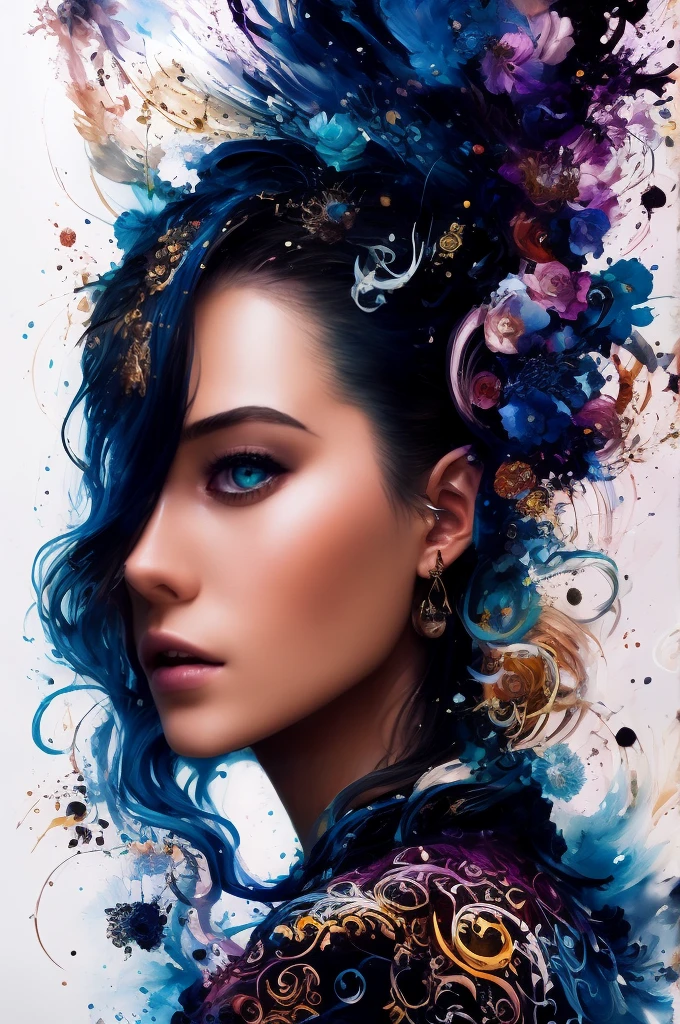 Colorful beautiful woman: Black ink flow: 8k resolution photorealistic masterpiece: by Aaron Horkey and Jeremy Mann: intricately detailed fluid gouache painting: by Jean Baptiste Mongue: calligraphy: acrylic: watercolor art, professional photography, natural lighting, volumetric lighting maximalist photo illustration: by marton bobzert: 8k resolution concept art intricately detailed, complex, elegant, expansive, fantastical