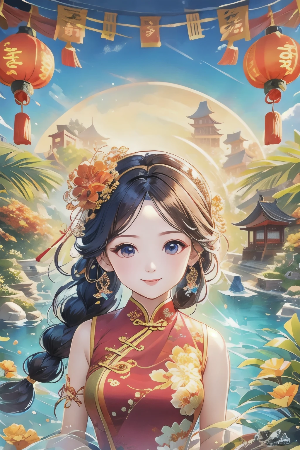 Eyes are very fragile，Double braids with cheongsam，Chinese New Year Decorations（（Smiling artwork）））， （（best quality））， （（Intricate details））， （（Surreal））（8K）