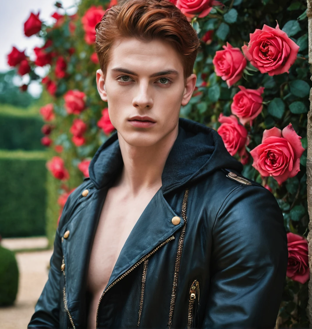 portrait of a young man, artistic portrait, Roses garden, imposing garden, baroque garden, Versailles, europe, euroyoung guy, european young guy, bonitas, young guy, homosexual, cinematographic, Ablaze, Strong jaw, toned body, greek face, bonitas young guy, bonitas supermodel greek, Strong jaw, naked torso, toned body, greek face, bonitas young guy, supermodel young guy, Cinematic, Perfection, Masterpiece artwork, photoshoot, Red hair, pale skin, greeneyes, Black jacke, leathery, facefocus , concentrate-no , illuminated face