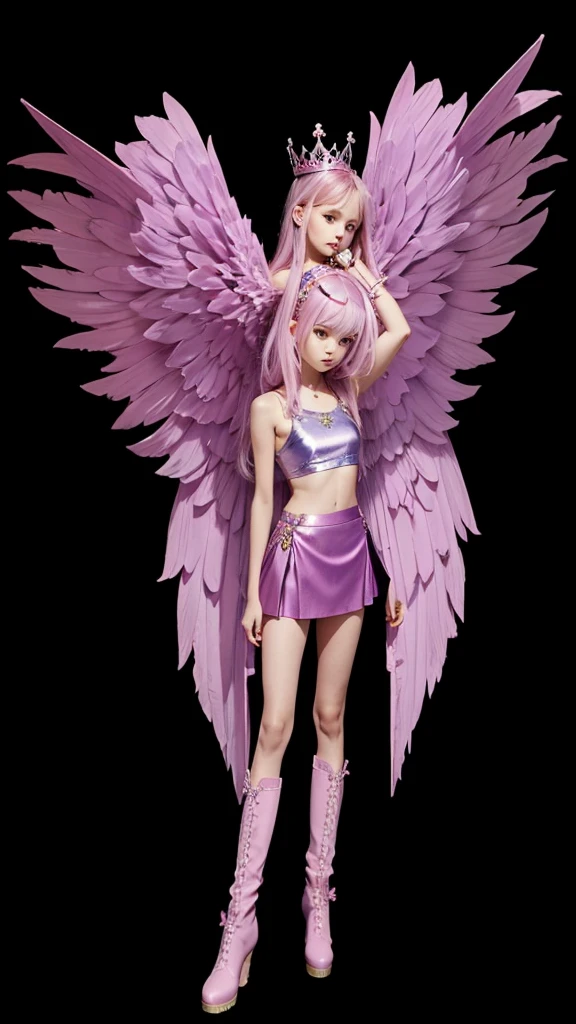 A beautiful thin girl with big pink and lilac wings, long lilac hair, a short pink crop top, a short pink skirt and small pink boots with a crown on her head, lilac stones.