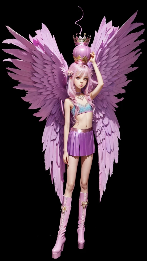 A beautiful thin girl with big pink and lilac wings, long lilac hair, a short pink crop top, a short pink skirt and small pink boots with a crown on her head, lilac stones.