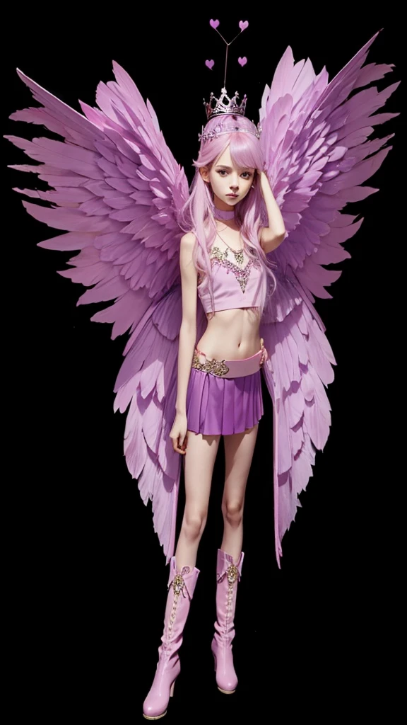 A beautiful thin girl with big pink and lilac wings, long lilac hair, a short pink crop top, a short pink skirt and small pink boots with a crown on her head, lilac stones.