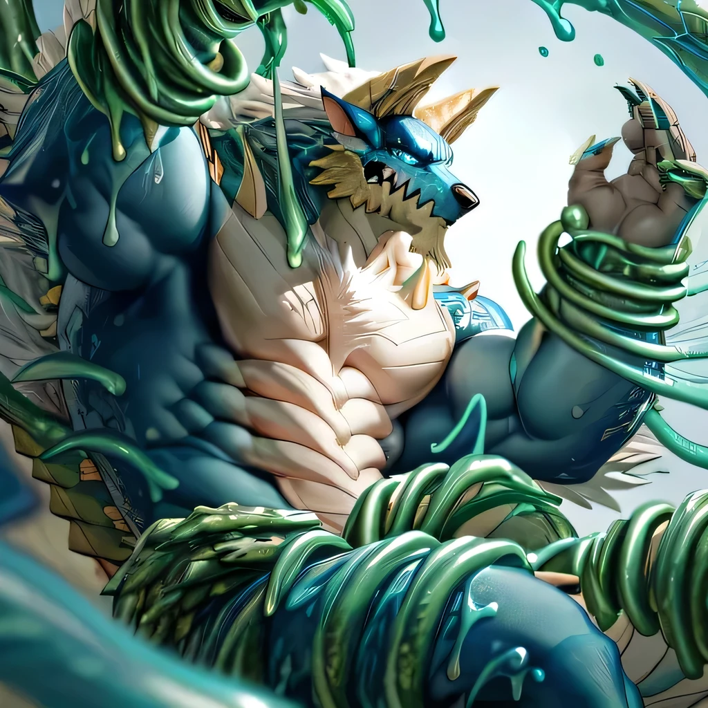 anthropology,(zinogre:1.2),Tail,((whole body,blue eyes, Blue body, White furry, Yellow Hand, Feet, Blue face,4 toes,Tail )),,muscular, whole body, (author：null-ghost,From raccoon21,masterpiece,high quality), Night Fight,((boundary)), rest (((Slime monster uses tentacles to fight dragon))，4 toes，struggle, (pain:1.3)，frown，annoyed, Worry,full body,