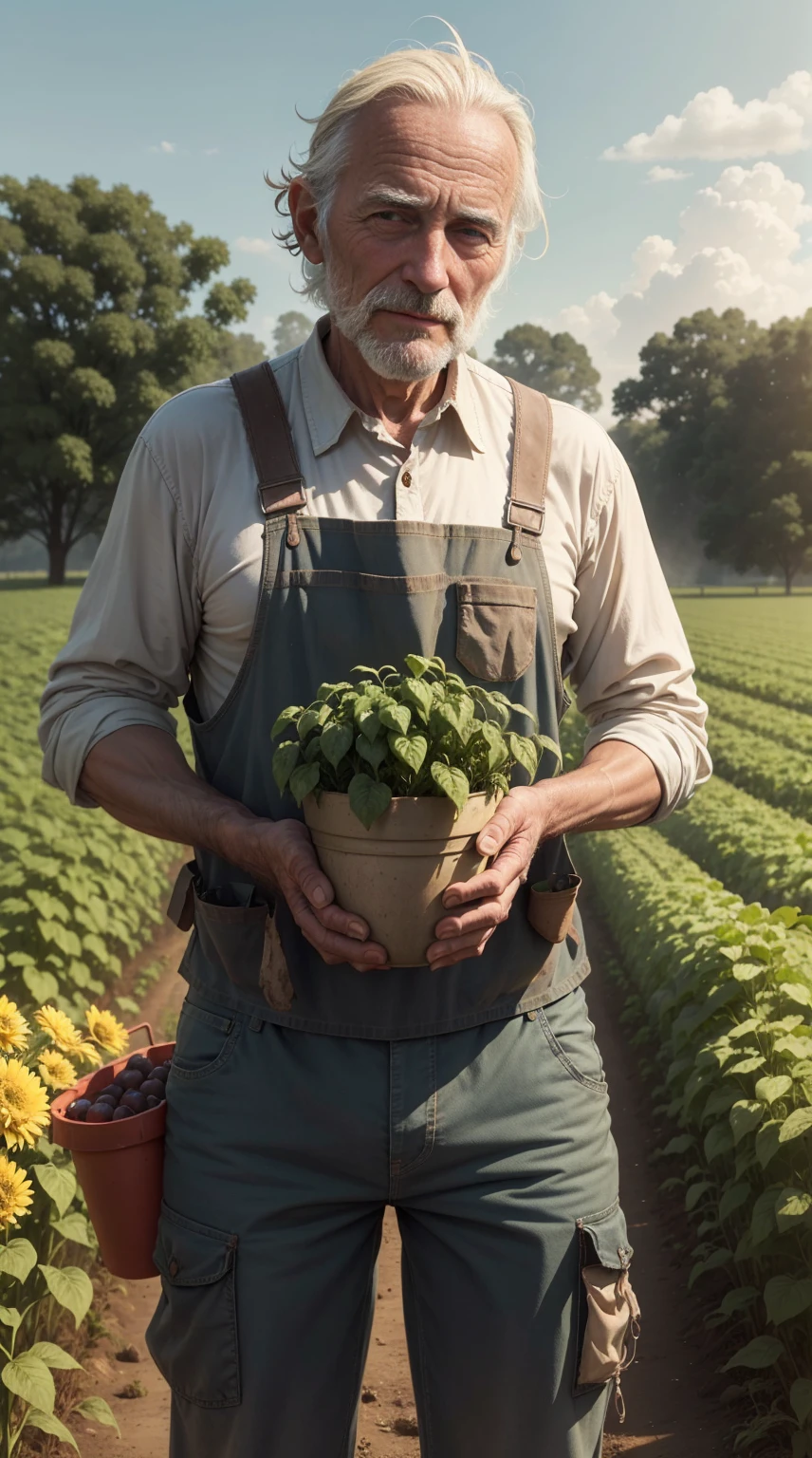 An old farmer in a dystopian future, struggling to produce food on the farm, Controlled by large corporations, We have to deal with chemical pesticides and a lack of natural resources, Dreaming of simpler, more sustainable times.