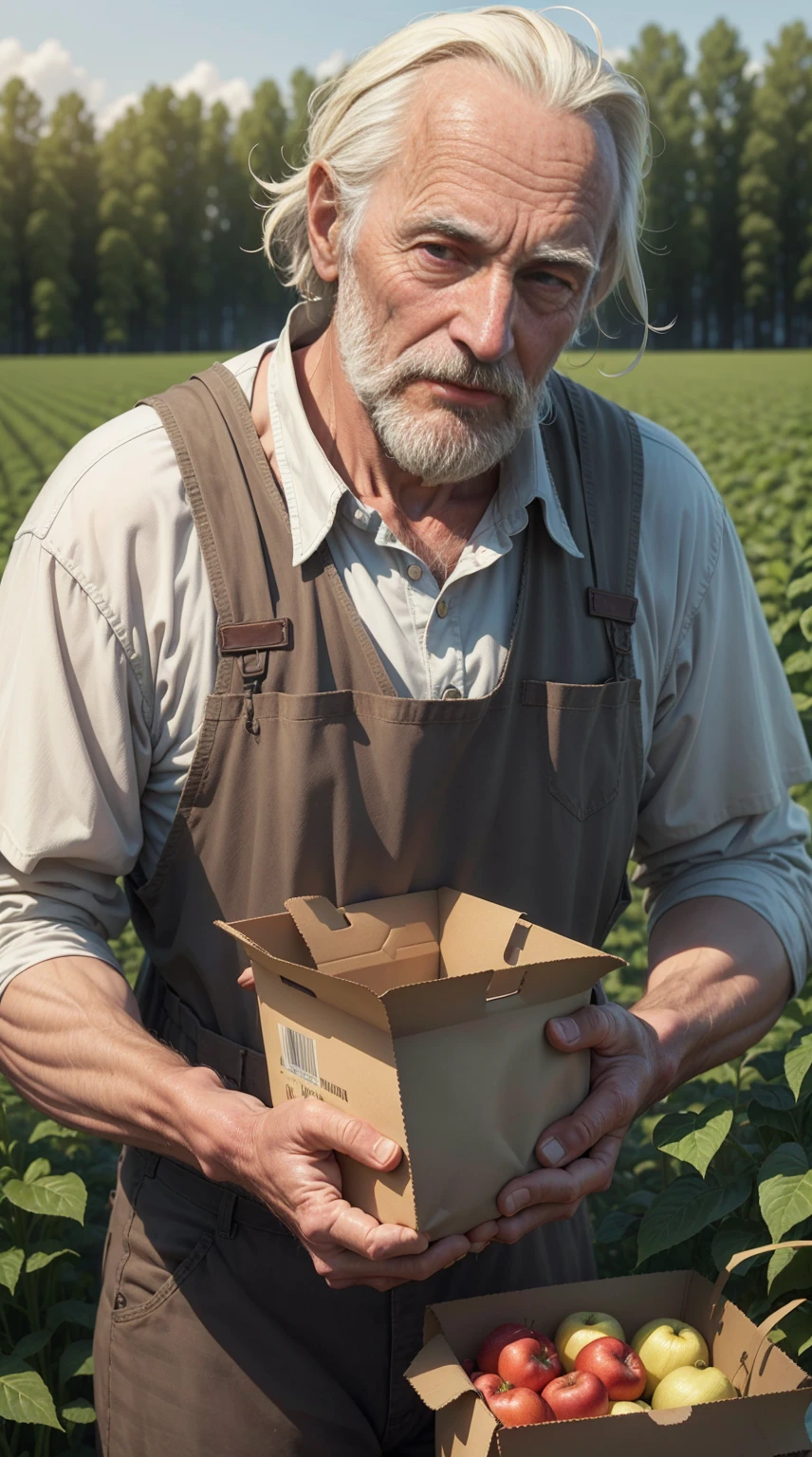 An old farmer in a dystopian future, struggling to produce food on the farm, Controlled by large corporations, We have to deal with chemical pesticides and a lack of natural resources, Dreaming of simpler, more sustainable times.