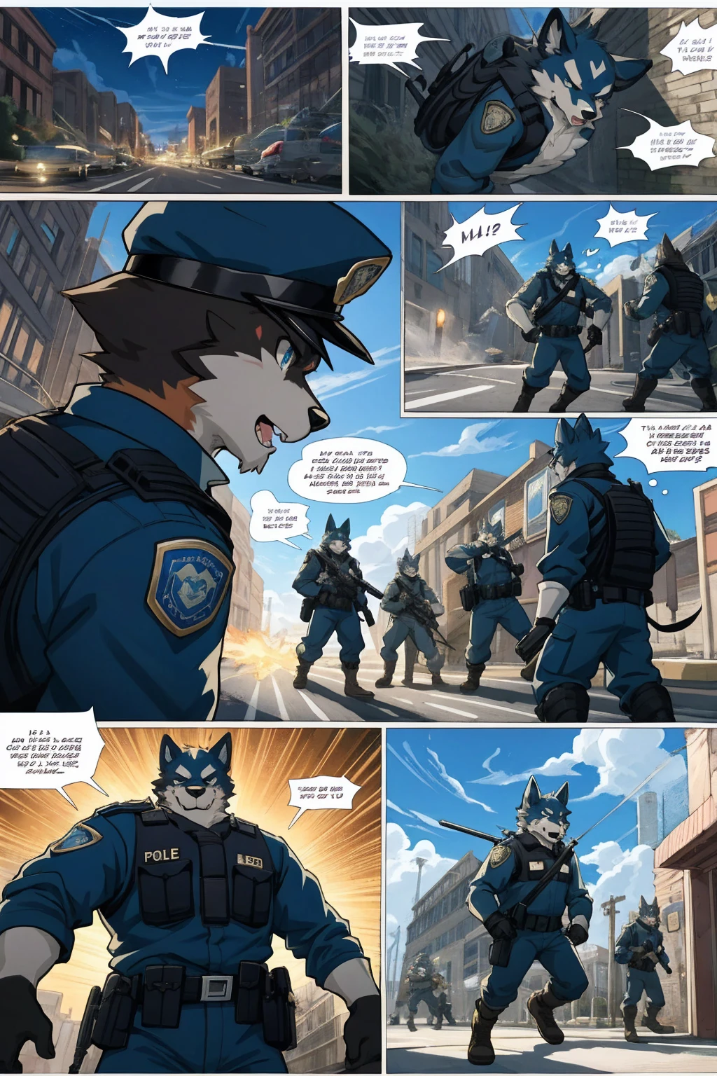 top quality, best quality, highres, masterpiece, super high resolution, detailed background, street, gasping for air(super handsome boys, dog)police officer, swat, police uniform, 6+boys, 6+girls, absurdres(highly detailed beautiful face and eyes)perfect anatomy, good lighting, cinematic shadow(kemono, furry anthro)assorted expressions, assorted poses, assorted angles, full body, upper shot, dynamic angle(boys comic-like panel layouts, speech balloon, English text, Hand-drawn sound effects stickers used in battle comic),