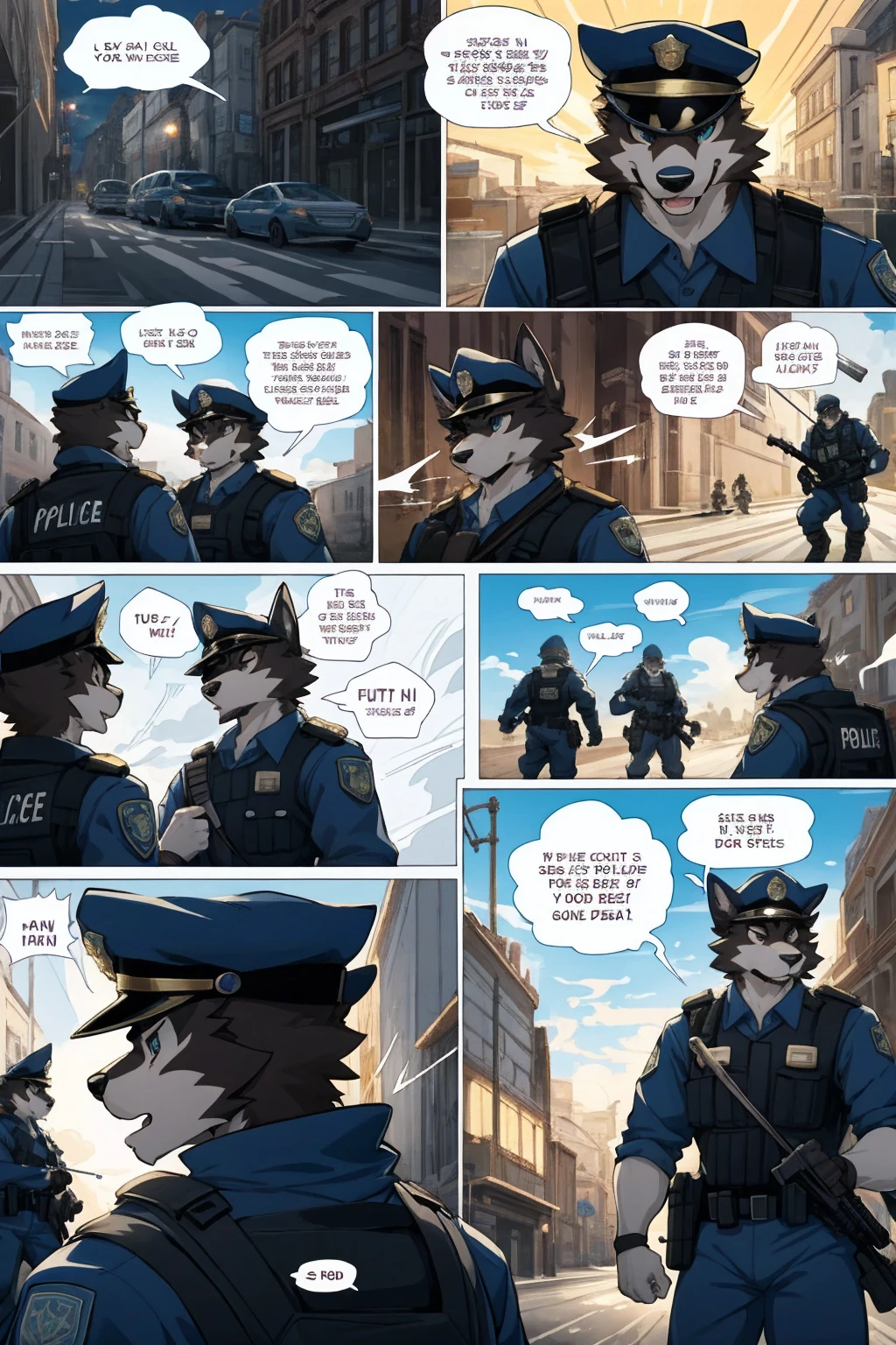 top quality, best quality, highres, masterpiece, super high resolution, detailed background, street, gasping for air(super handsome boys, dog)police officer, swat, police uniform, 6+boys, 6+girls, absurdres(highly detailed beautiful face and eyes)perfect anatomy, good lighting, cinematic shadow(kemono, furry anthro)assorted expressions, assorted poses, assorted angles, full body, upper shot, dynamic angle(boys comic-like panel layouts, speech balloon, English text, Hand-drawn sound effects stickers used in battle comic),