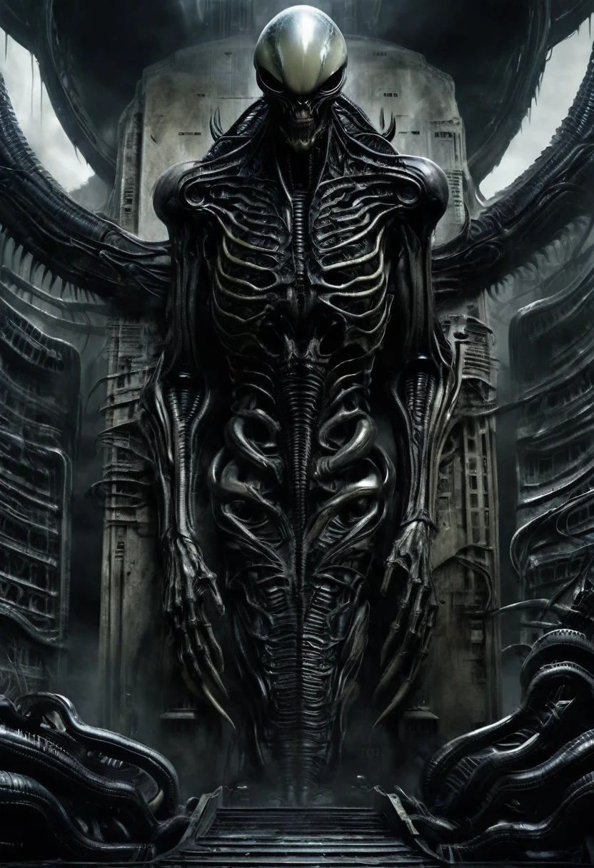 Future Earth. Increased background radiation. A mutated human hybrid with a xenomorph in the style of Hans Giger. Cinematic lighting.