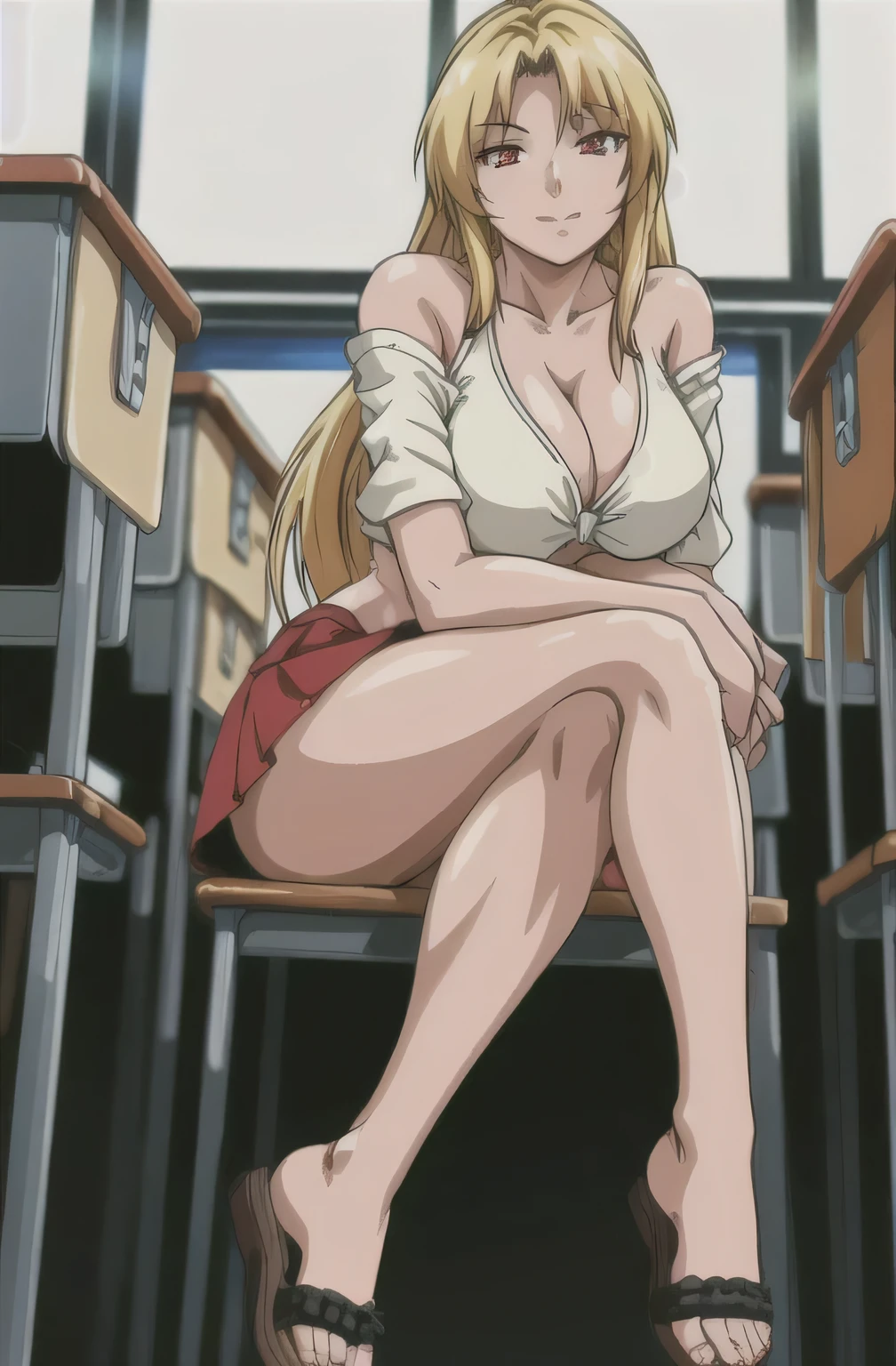 masterpiece, best quality, highres, 1girl kaori saeki, micro denim shorts, black off shoulder crop top , classroom, full body shot, (smug:0.3), looking at viewer, focus solo, sexy pose, crossing legs, mature, flip flops, detailed feet, busty, cleavage, blonde, long hair, red eyes, dangling shoe,