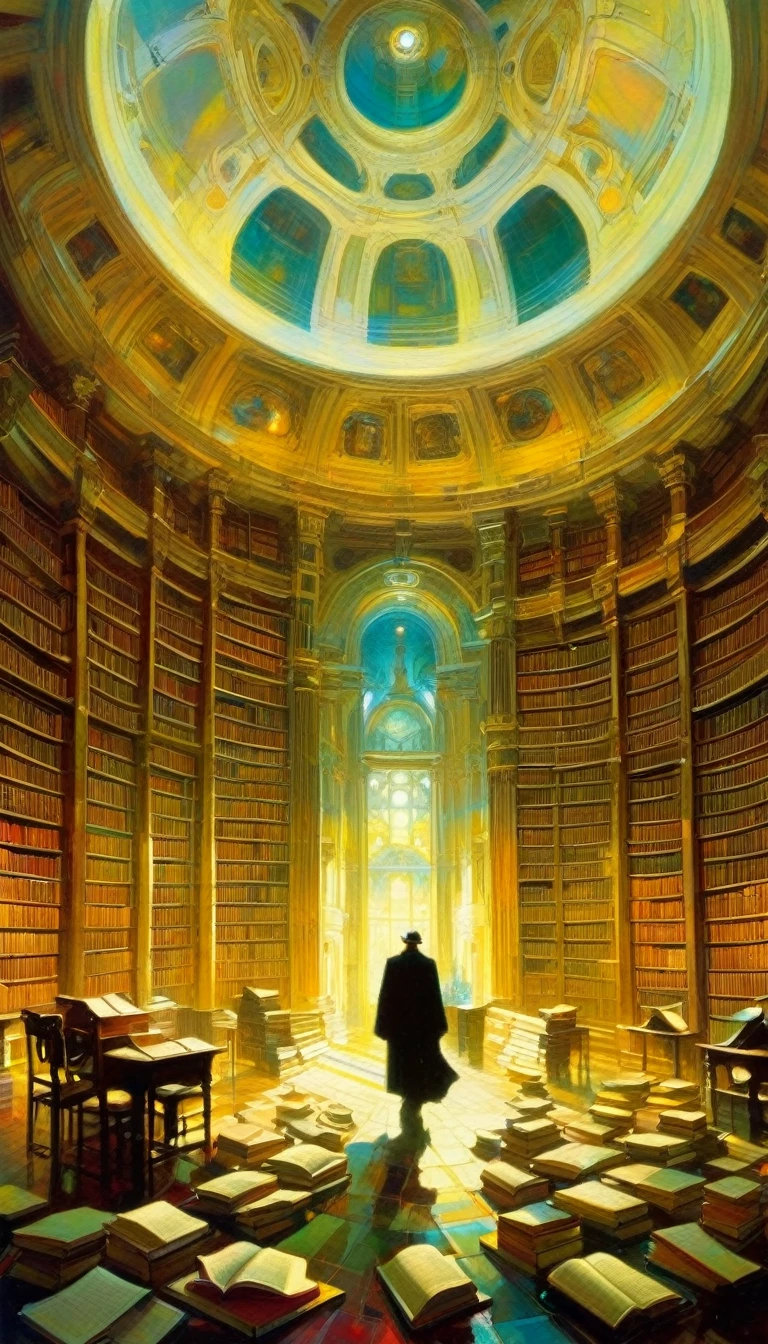 large library, huge shelves, dome, books and scrolls on the floor, a certain disorder, (art inspired by Bill Sienkiewicz). oil painting)