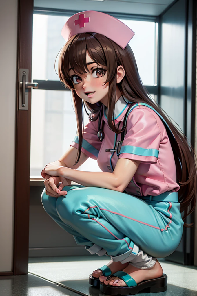 (score_9,score_6_up, score_5_up, score_4_up, masterpiece, best, quality, source_anime, highly detailed, 1girl, solo, brown hair, long hair, nurse cap, turquoise nurse uniform, turquoise pants, squatting, white socks, sandals, happy, in the hospital)