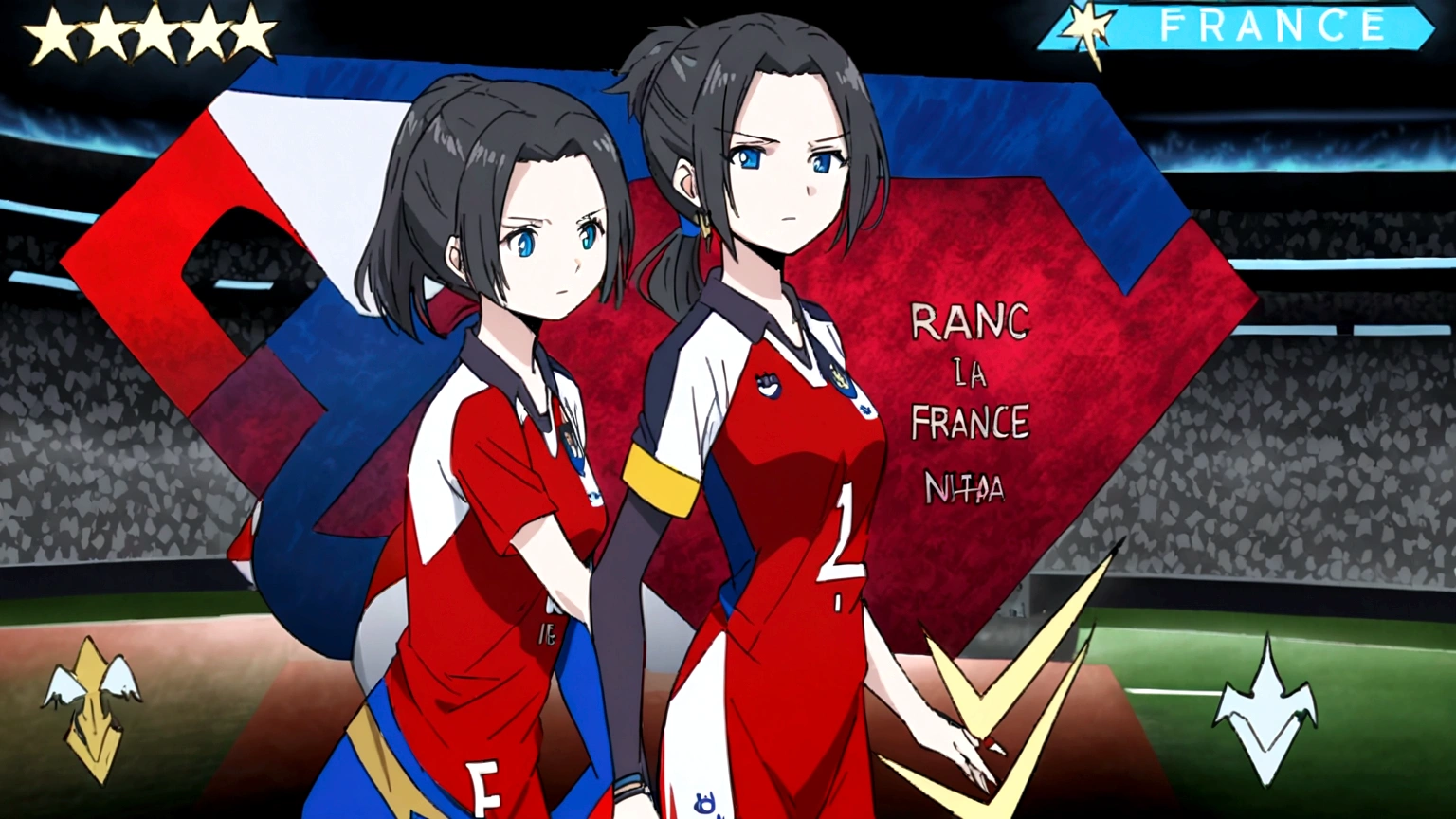 (anime,2D)Women,soccer player,black fur,wide,fringe,collected in a ponytail,clear skin,Light blue eyes,France national team clothing, In a soccer field.