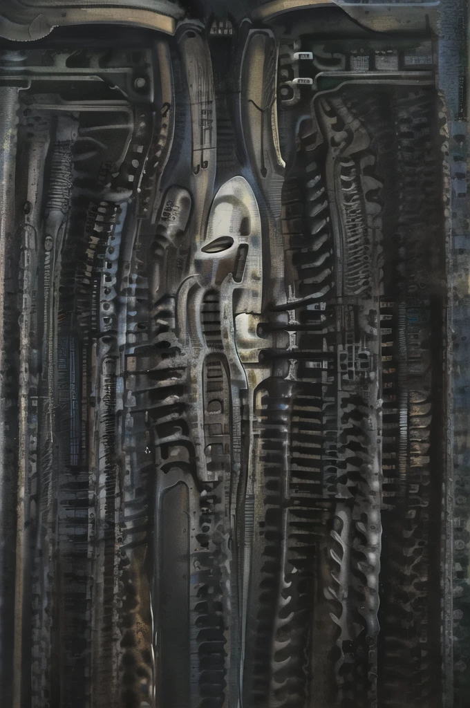 The image is a detailed view of H.R. Giger's \" Landscape XVI \" plate, featuring a complex network of bones and organs in a purple-brown hue ,swirling gray and brown colors. The artwork is silver and purplish brown, with an ivory bones prominently displayed. The image is highly detailed and intricate, almost like a 3d version of a medical diagram
The image is an artistic representation of a mechanical structure with pipes and gears, with a skeletal creature and a windmill blade.
The image depicts a surreal, anatomical illustration of a alien body with a skeleton inside, surrounded by a network of tubes and pipes.
biomechanical landscape by Hans Rudie Giger composed of fossilized and mummified alien life forms. Image depicts a strange and dreamlike, combines biological and mechanical ,managed to dreamlike quality. Centralized recognizable shapes of skulls, rib cages, and spines, all intertwined with tubes and cables. These shapes suggest fossilized mummified alien life forms. Central skeletal structures and what appears to be a ribcags of ivory in the foreground are the most identifiable organic elements. The mechanical elements are evident in the wires and tubes emanating from the skeletals, as well as the smooth metallic tubes. In the background shapes are visible that could be interpreted as other fossilized or mummified alien life.
Light source from the top highlights skeletals, upper part of foreground, lower part of image is in shadow.
The piece is a tableau, most likely created with a India ink pen or pencil on paper, determined by the thin lines, shading techniques, and the texture of the paper, which is visible around the edges.
used is pen, given the shading and variations in line weight visible in the image. One have used a variety of pencils with different degrees of hardness to achieve the shading effects