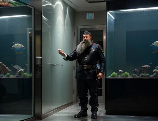 Full body photography full body photography full image, The general is in his office looking at a large aquarium with an alien humanoid being, the general touches the aquarium with his metal right hand. The general orders an immediate exploration of the planet he has a large, bushy white beard he has a general'with hat on head, wears a modern uniform, gestures with hands to spectators, he is chubby and chubby, extremely thick thighs, Large belly, plumpness, 65 years old, he holds a mug of hot coffee , Ambience: inside a ship. Full body photography Full body photography different angles of the image.