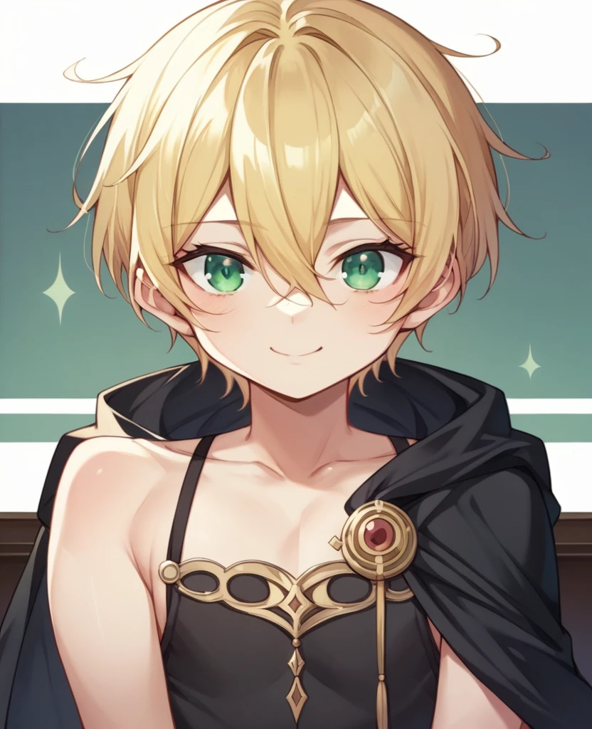(One girl)、((short hair))、((Blonde))、(Sato Air)、((boyish))、Crossdresser、((flat chest))、green eyes、plump、(mage)、Black cloak、Black sleeveless、((hairs between eyes))、light smile