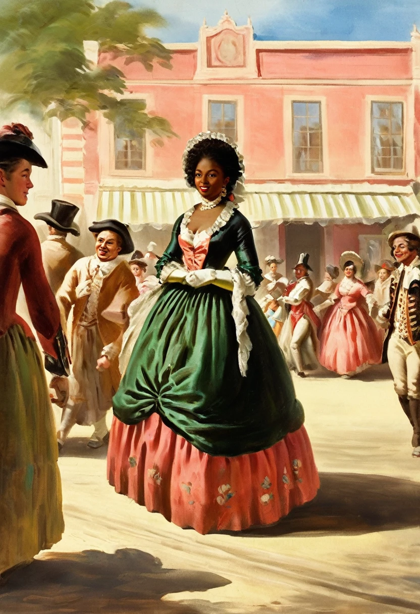 18th century 1760 black beautiful woman walking down a street on the city of Diamantina with some people looking at her beauty as she walks