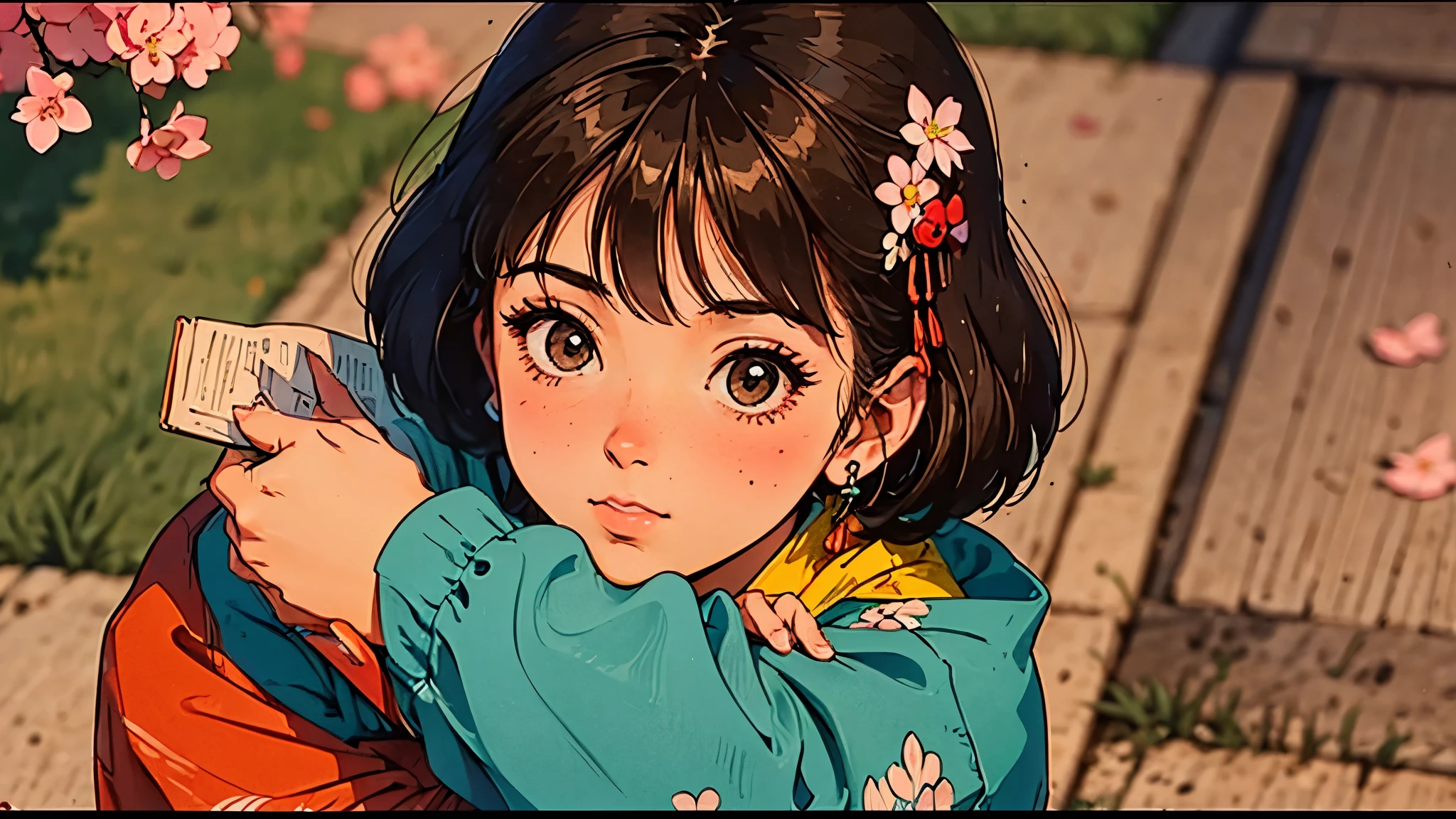 A girl in 80s anime style, retro, lo-fi, outside, kimono, Japanese hair ornaments, cherry blossoms