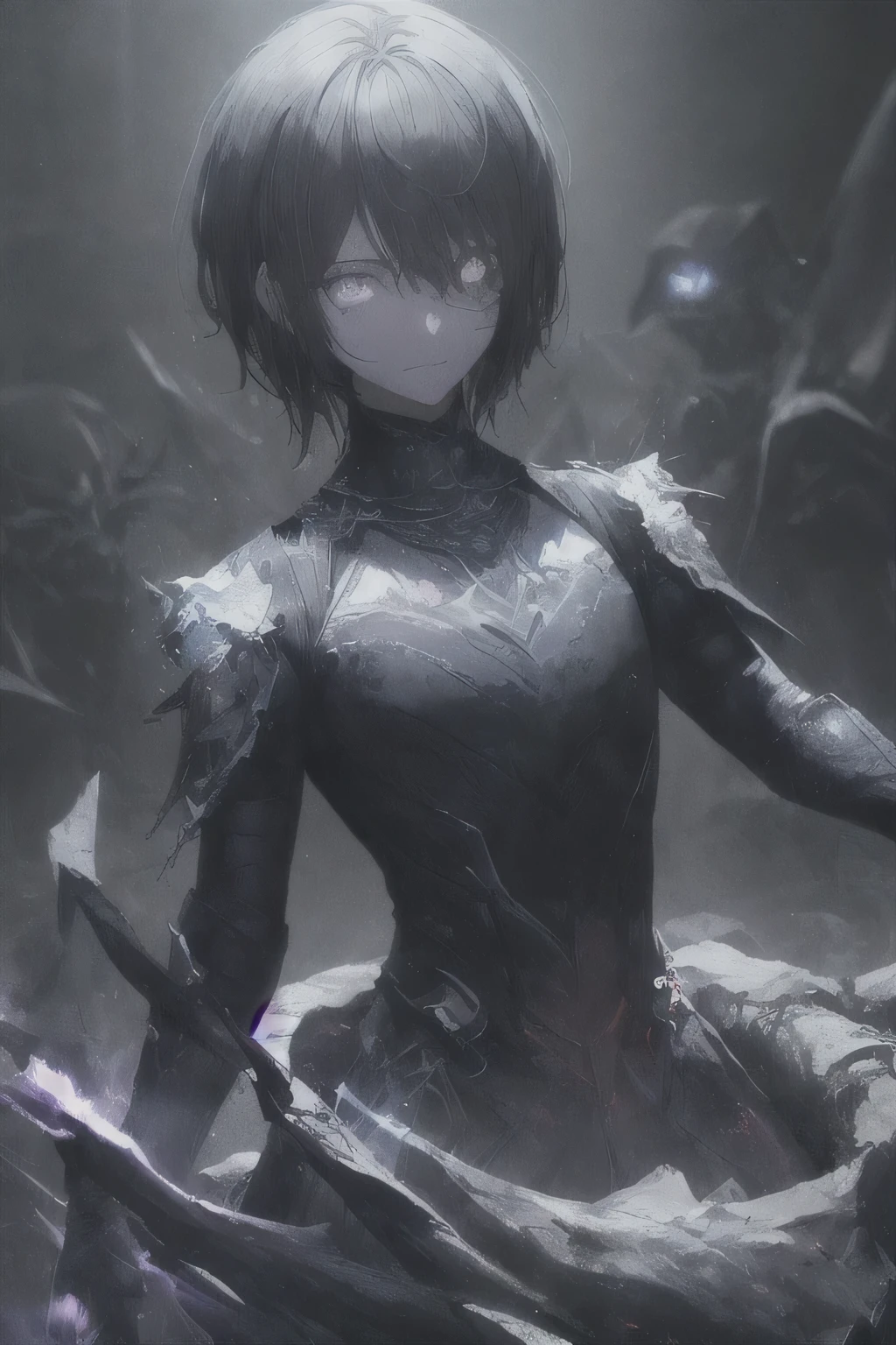 score_9, score_8, score_7_up, anime_source, anime, chromatic aberration, depth of field, bokeh, silver eyes, long black hair, bangs, eyepatch, two-tone hair, breasts, simple background, evil, large ahoge, dark aura, curse mark, fur trim, armored dress, souless, mist, fog, scar on face,
