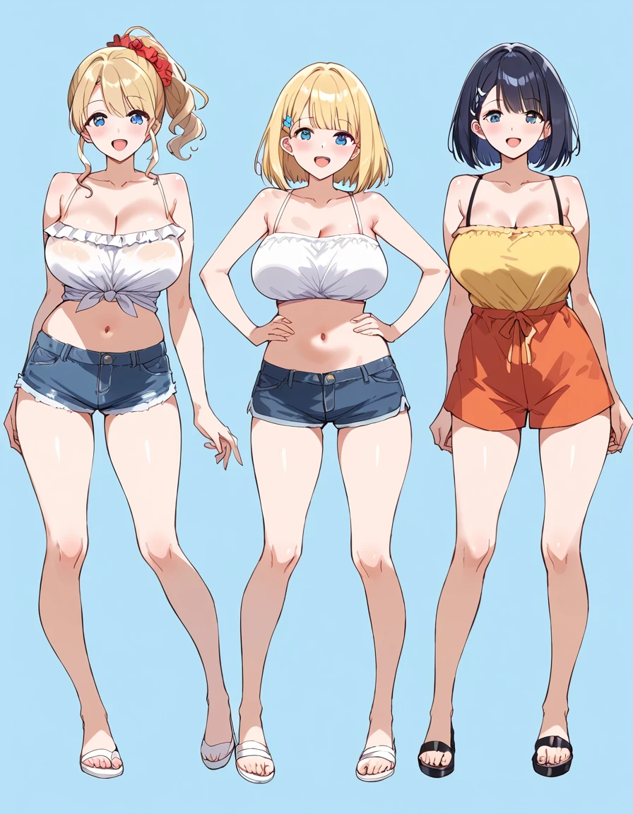 masterpiece, best quality, simple background, random hairstyle, large breasts, summer, 3 girls, full body, bare shoulder,