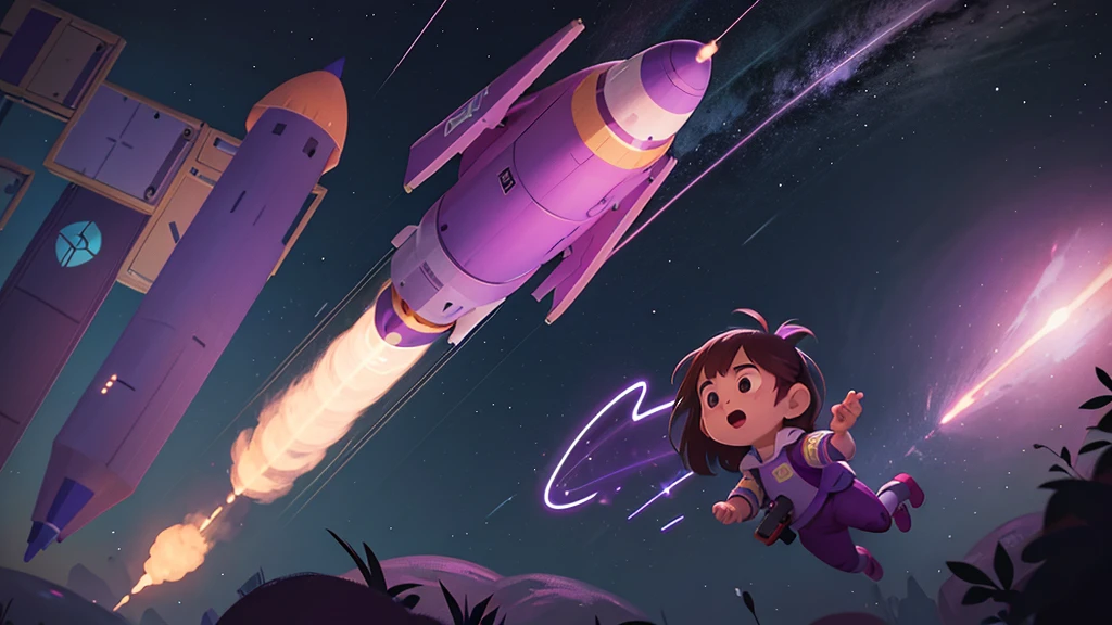 a rocket flying over a purple-themed space, and an astronaut separated from the rocket