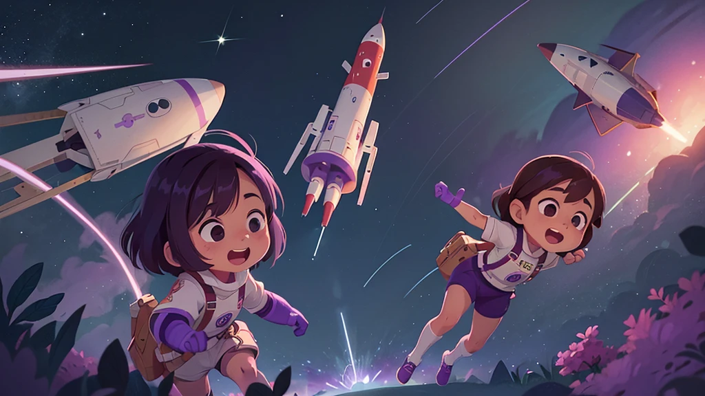 a rocket flying over a purple-themed space, and an astronaut separated from the rocket