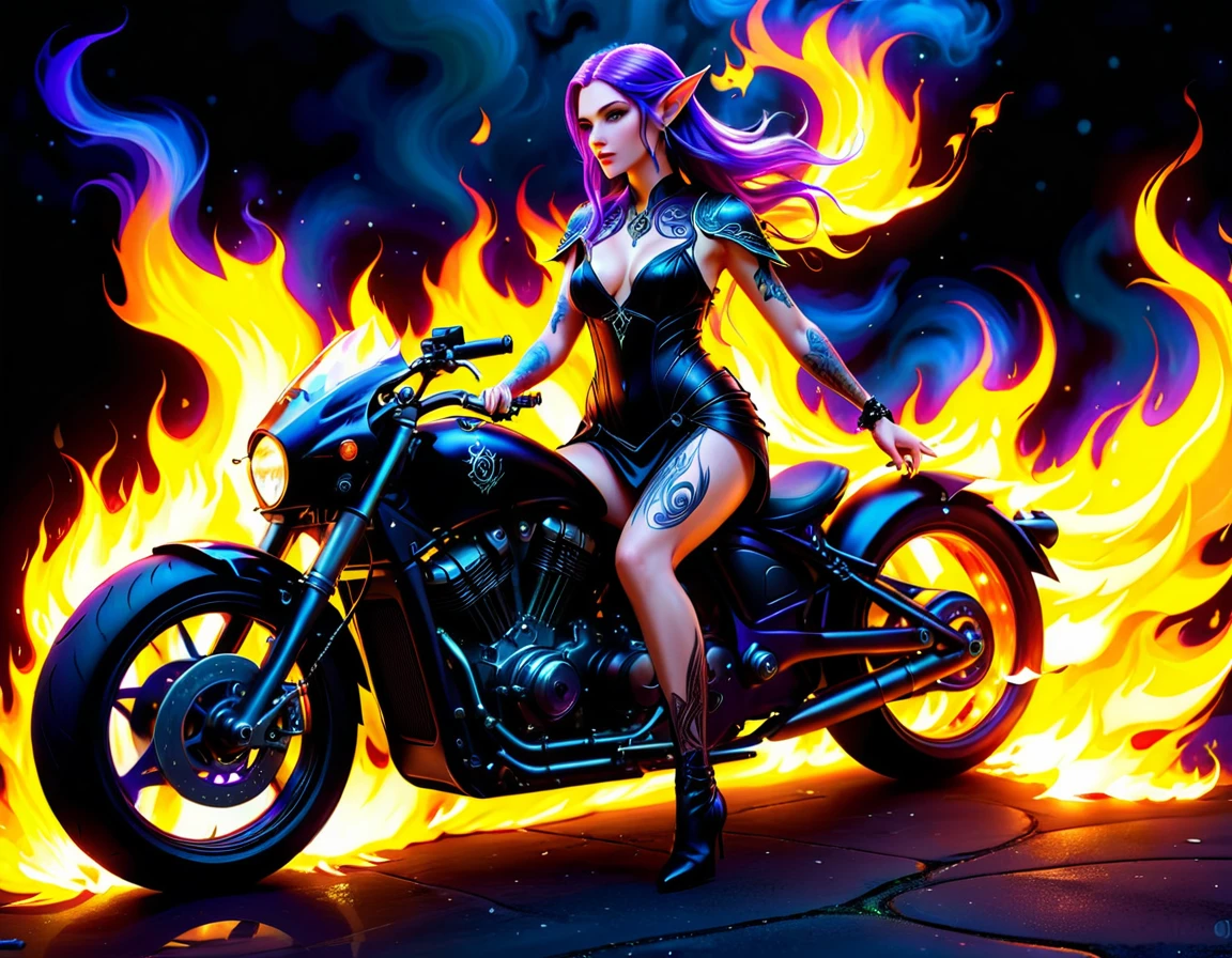 Arafed, Dark fantasy art, fantasy art, goth art, a picture of a of a tattooed female elf near her motorcycle (masterwork, best detailed, ultra detail: 1.5)  the tattoo is vivid, intricate detailed coming to life from the ink to real life, GlowingRunesAI_purple, ((fire surrounds the motorcycle: 1.5)), shot taken from the back, ((the back is visible: 1.3), she wears a transparent black dress, the dress is elegant, flowing, elven style, that the tattoos glow, dynamic hair color, dynamic hair style, high details, best quality, 16k, [ultra detailed], masterpiece, best quality, (extremely detailed), dynamic angle, full body shot, faize,, Digital Painting