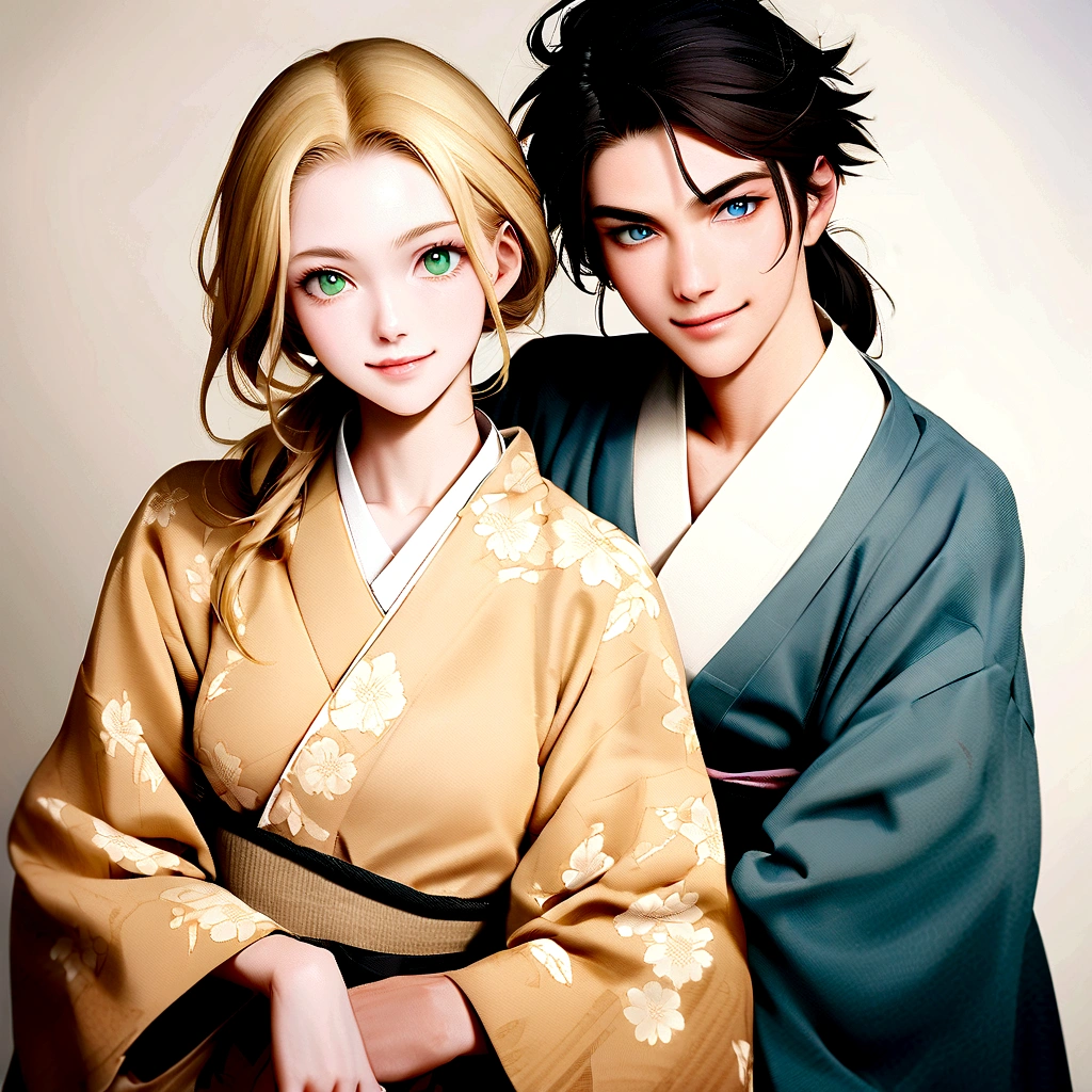 old photo from 1945 of (german woman, age 25, green eyes detailed wavy blonde hair with ponytail , heartthrob style, Grinning, wearing a burnt kimono, torn and crooked), beside (1womanl, japanese,18-years old, blue eyes, black hair, wearing a crooked kimono with floral holes) in shipping to a tea shop black and white photo yellowing of time