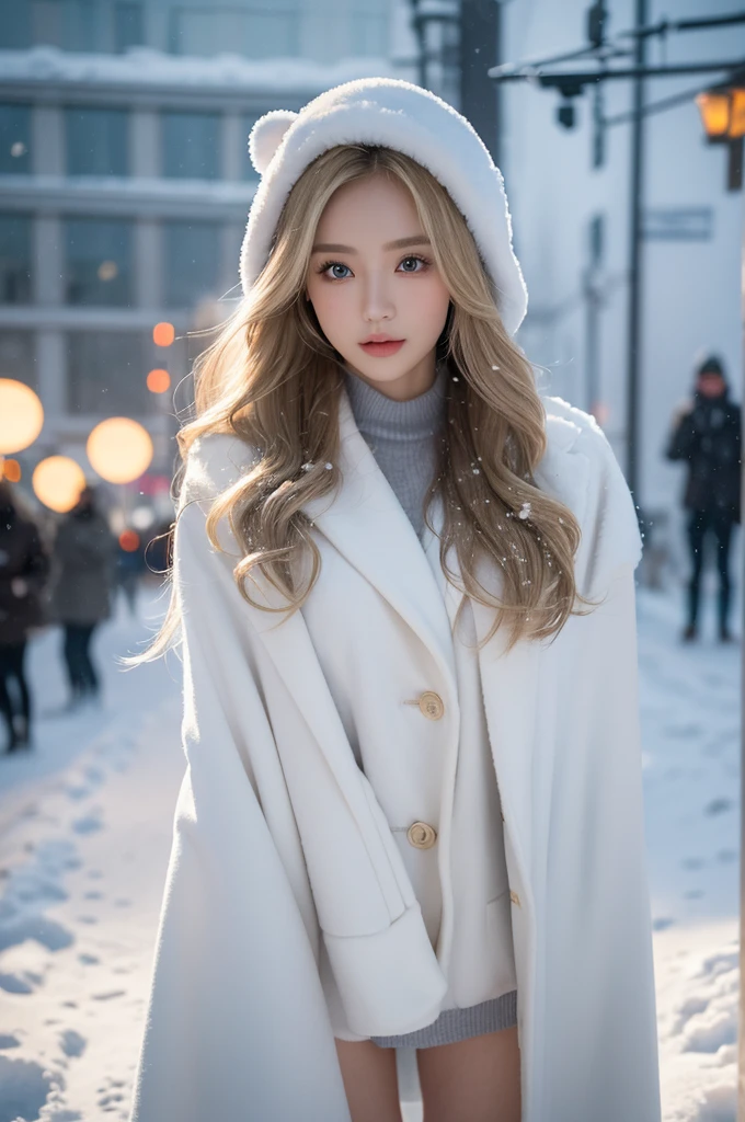 with long wavy blonde hair, sultry Flirty look, gorgeous symmetrical Face, Cute natural makeup, wearing elegant warm winter Fashion clothing, ((Stand outside the snow-capped city streets)), Stunning modern city environment, Surreal, Concept Art, elegant, Very detailed, complex, sharp Focus, depth oF Field, F/1. 8, 85 mm, Medium shot拍摄, Medium shot, (((proFessionally color graded))), bright soFt diFFused light, (Volumetric fog), Trending topics on Instagram, hdr 4k, 8K