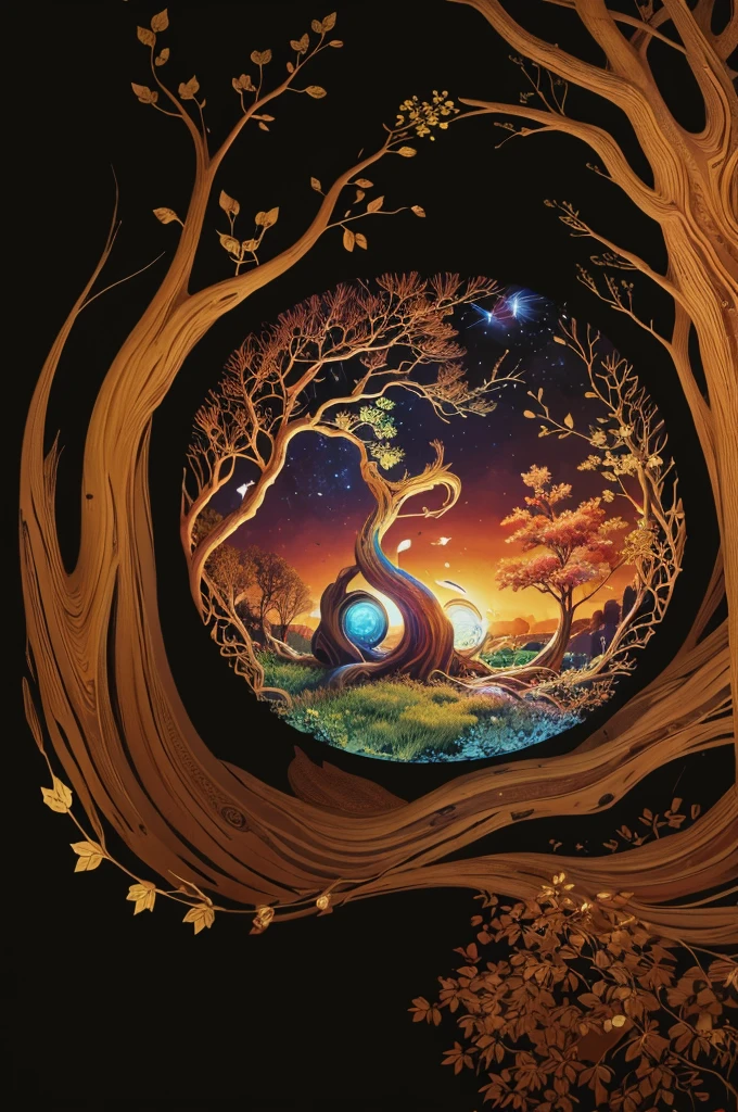circular tree,four seasons,spring,summer,autumn,winter,leaves,roots,branches,trunk,ornate border,decorative,digital illustration,artwork,movement,time,swirling background,dark background,vibrant colors,natural,life cycle,growth,change,nature,life,peace,harmony,spirituality,symbolism,digital art,illustration,painting,graphic design,art,design,digital media,online art,visual art,fine art,fantasy
