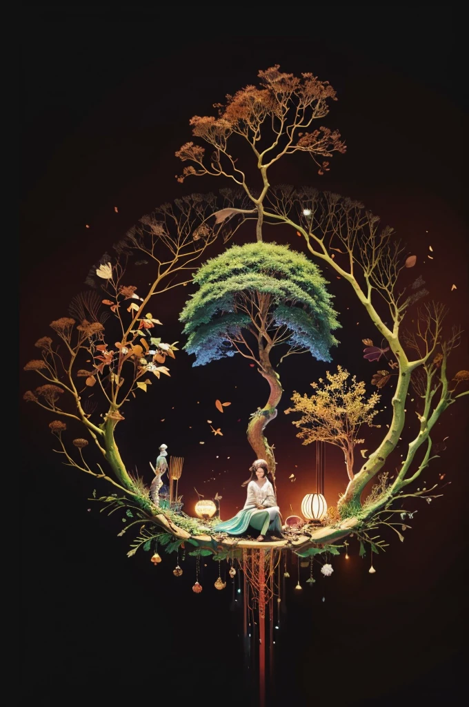 circular tree,four seasons,spring,summer,autumn,winter,leaves,roots,branches,trunk,ornate border,decorative,digital illustration,artwork,movement,time,swirling background,dark background,vibrant colors,natural,life cycle,growth,change,nature,life,peace,harmony,spirituality,symbolism,digital art,illustration,painting,graphic design,art,design,digital media,online art,visual art,fine art,fantasy