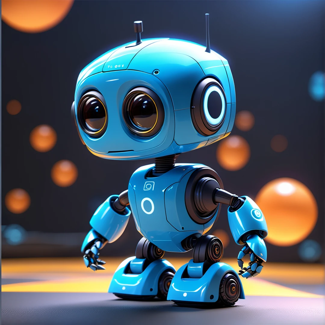 small robot, cute, pixar, unreal engine, tron, color blue, hyper detailed, volumetric lighting, letter D on the head