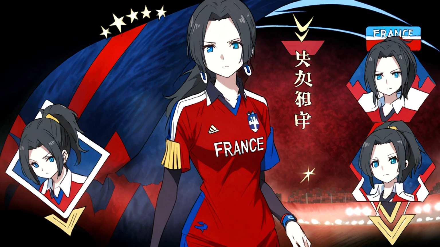 (anime,2D)Women,soccer player,black fur,wide,fringe,collected in a ponytail,clear skin,Light blue eyes,France national team clothing, In a soccer field.