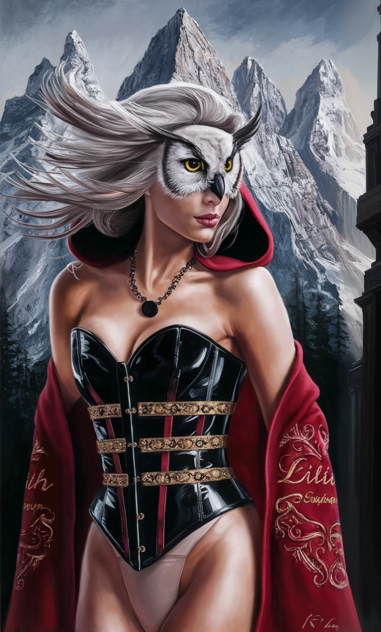 painting of a woman with a corset and red cape, in style of anne stokes, portrait of a sorceress, artistic style tom bagshaw, Thief Little Red Riding Hood, Karol behind uhd, Art style of Tom Bagshaw, fantasy genre portrait, elfic priestess, gothic fantasy art, dark fantasy female magician, beautiful sorceress, Sorceress