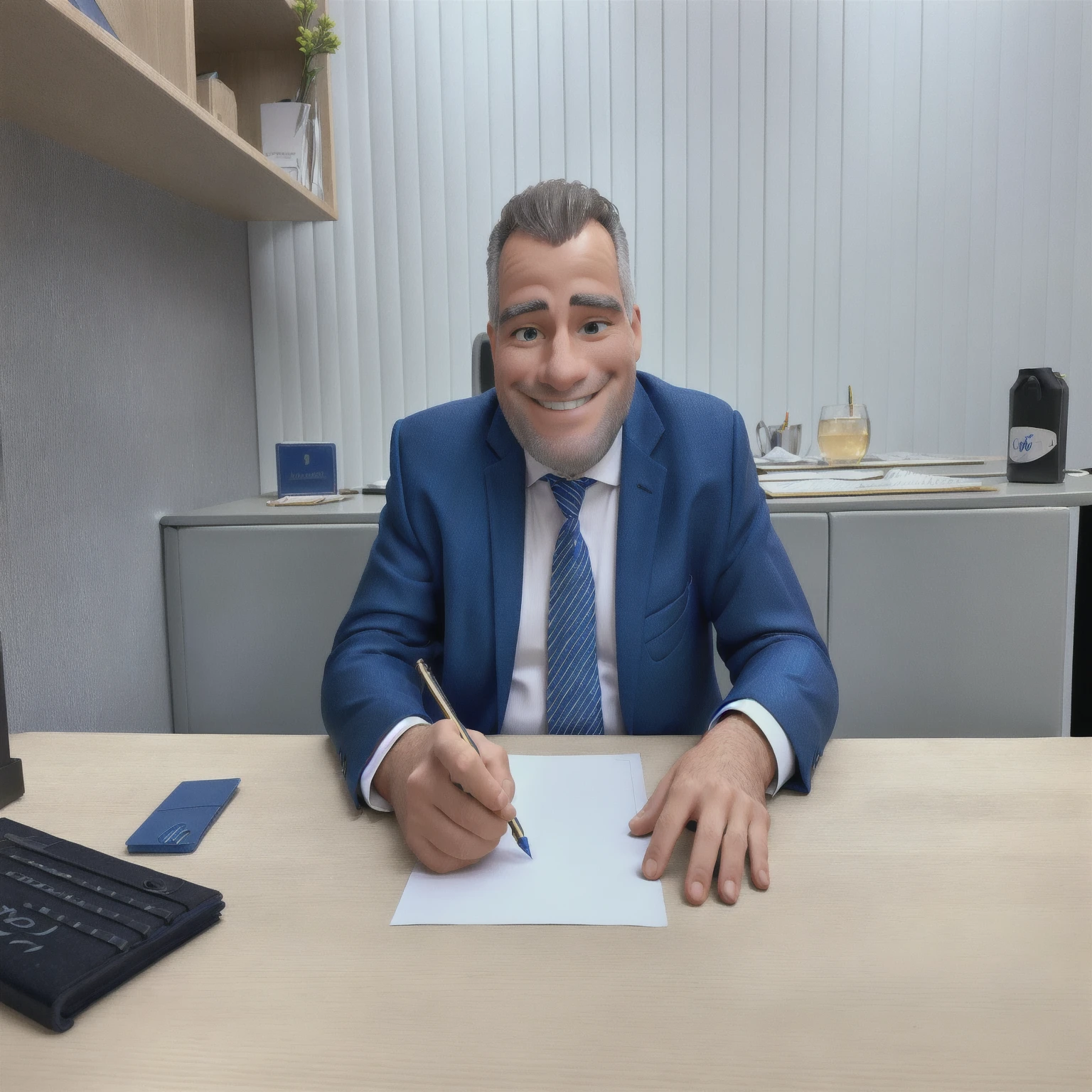 smiling man in a blue suit sitting at a table with a pen and paper