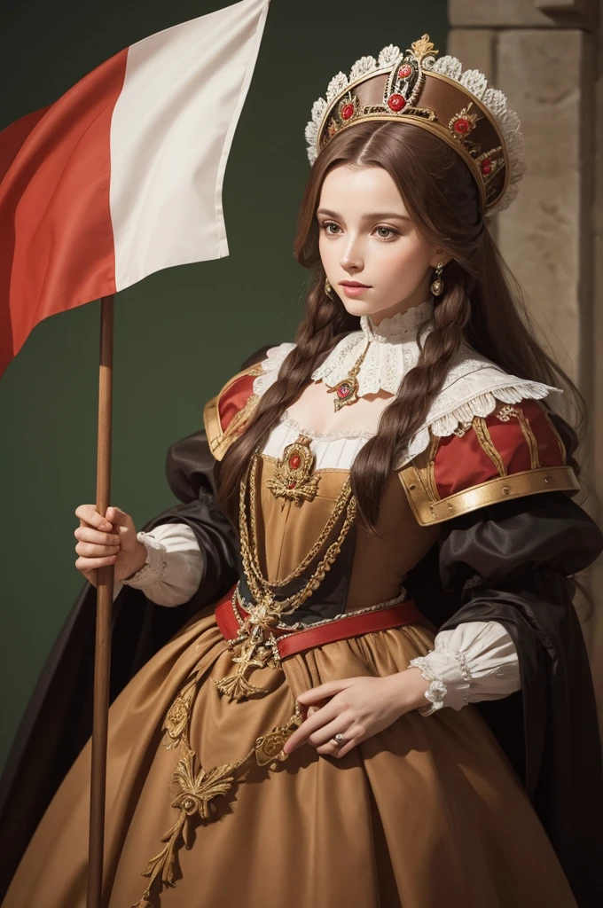 17th century brown Polish queen raising the flag of Poland and Lithuania
