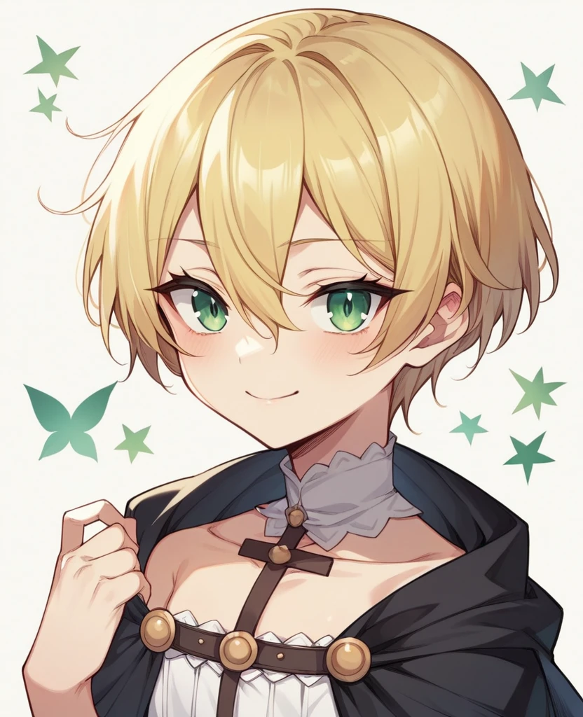 （One girl）、((short hair))、((Blonde))、（Sato Air）、((boyish))、Crossdresser、((flat chest))、green eyeage)、Black cloak、((hairs between eyes))、light smile