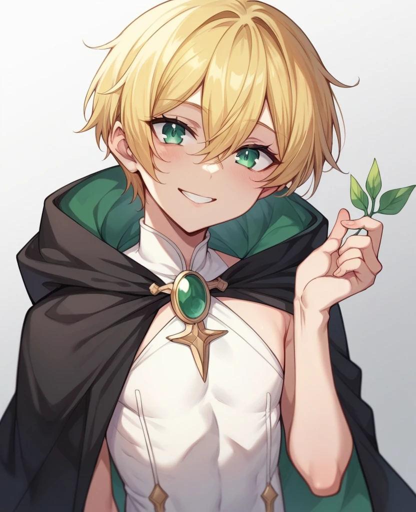 (One girl)、((short hair))、((Blonde))、(Sato Air)、((boyish))、Crossdresser、((flat chest))、green eyeage)、Black cloak、((hairs between eyes))、light smile
