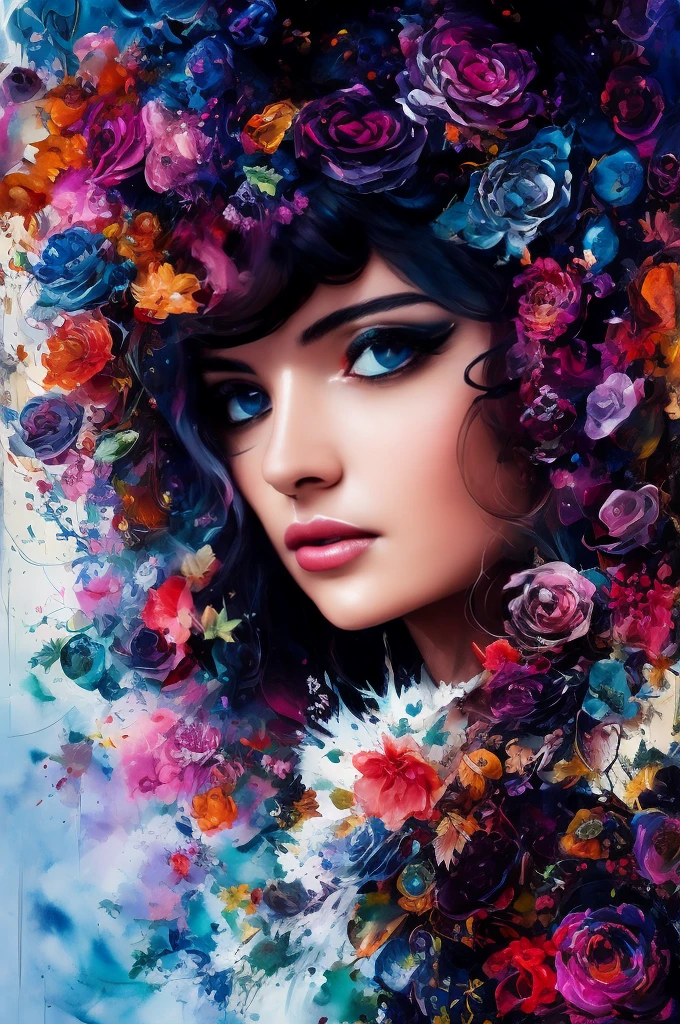 Colorful beautiful woman: Black ink flow: 8k resolution photorealistic masterpiece: by Aaron Horkey and Jeremy Mann: intricately detailed fluid gouache painting: by Jean Baptiste Mongue: calligraphy: acrylic: watercolor art, professional photography, natural lighting, volumetric lighting maximalist photo illustration: by marton bobzert: 8k resolution concept art intricately detailed, complex, elegant, expansive, fantastical