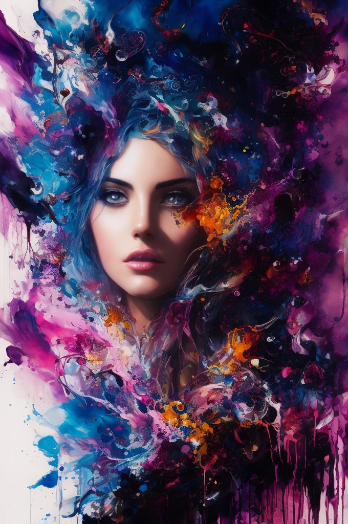 a mixed media abstract artwork of a strange woman with striking eyes and long hair, highly detailed eyes,medium breast,(fine art), (splashes and splatters of paint in nebula colors on the canvas 1.2),[thick, wet,shiny dripping paint], ink, pencil shading, award winning, (perfect composition),(nebula:0.5),(galaxy:0.5)
