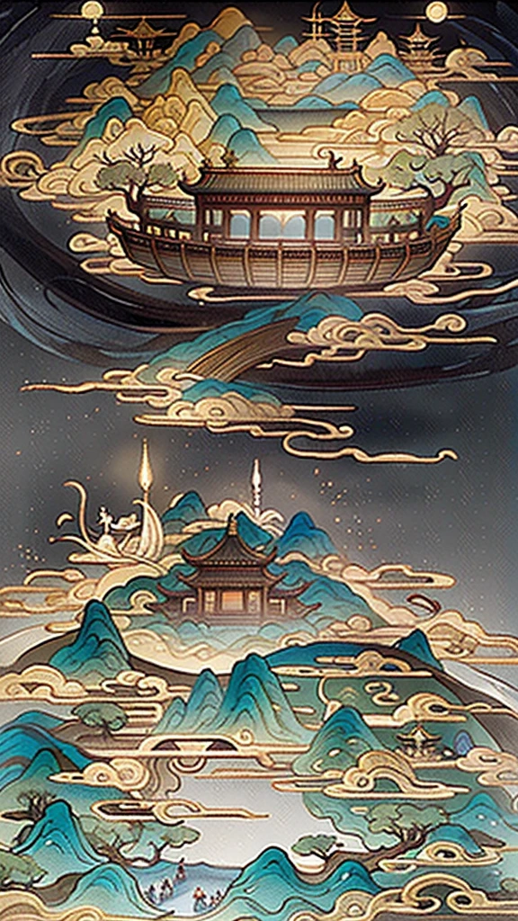 heaven,Buddha,An ancient Chinese painting, ancient Chinese background, mountains, rivers, auspicious clouds, pavilions, sunshine, masterpieces, super detail, epic composition, ultra HD, high quality, extremely detailed, official art, unified 8k wallpaper, Super detail, 32k -- V 6