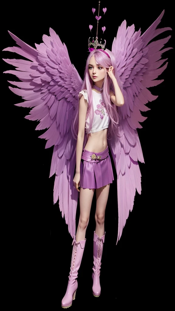 A beautiful slim girl with big pink and lilac colored wings, lilac long hair, um cropped Rosa curto, a short pink skirt and small pink boots.