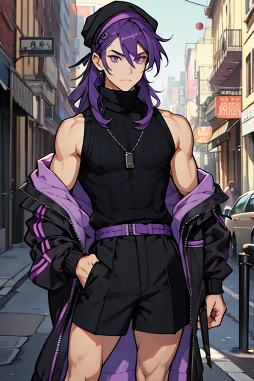 Young man purple hair black cap purple eyes turtleneck sleeveless black sweater waistband black shorts with long stockings and hair clips 