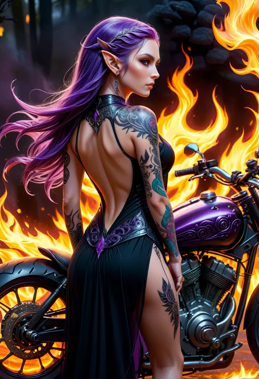 Arafed, Dark fantasy art, fantasy art, goth art, a picture of a of a tattooed female elf near her motorcycle (masterwork, best detailed, ultra detail: 1.5)  the tattoo is vivid, intricate detailed coming to life from the ink to real life, GlowingRunesAI_purple, ((fire surrounds the motorcycle: 1.5)), shot taken from the back, ((the back is visible: 1.3), she wears a transparent black dress, the dress is elegant, flowing, elven style, that the tattoos glow, dynamic hair color, dynamic hair style, high details, best quality, 16k, [ultra detailed], masterpiece, best quality, (extremely detailed), dynamic angle, full body shot, faize,, Digital Painting
