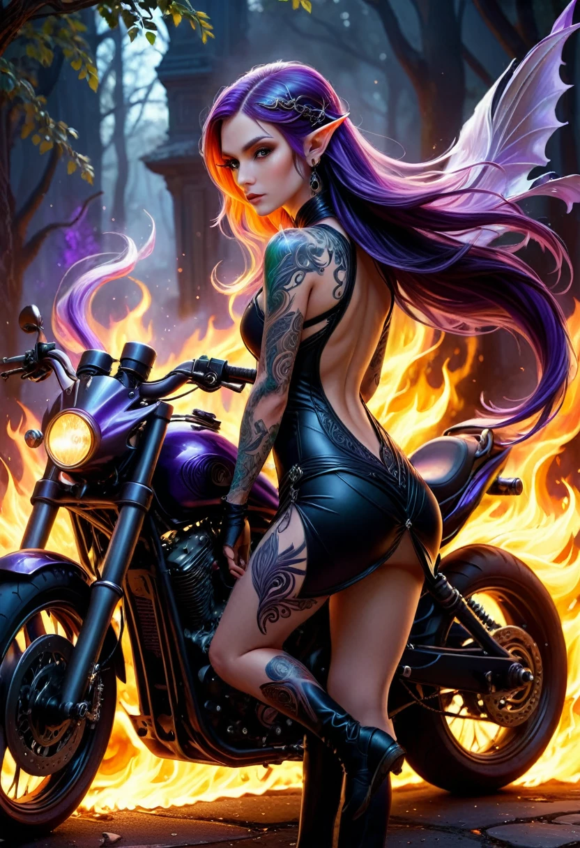 Arafed, Dark fantasy art, fantasy art, goth art, a picture of a of a tattooed female elf near her motorcycle (masterwork, best detailed, ultra detail: 1.5)  the tattoo is vivid, intricate detailed coming to life from the ink to real life, GlowingRunesAI_purple, ((fire surrounds the motorcycle: 1.5)), shot taken from the back, ((the back is visible: 1.3), she wears a transparent black dress, the dress is elegant, flowing, elven style, that the tattoos glow, dynamic hair color, dynamic hair style, high details, best quality, 16k, [ultra detailed], masterpiece, best quality, (extremely detailed), dynamic angle, full body shot, faize,, Digital Painting