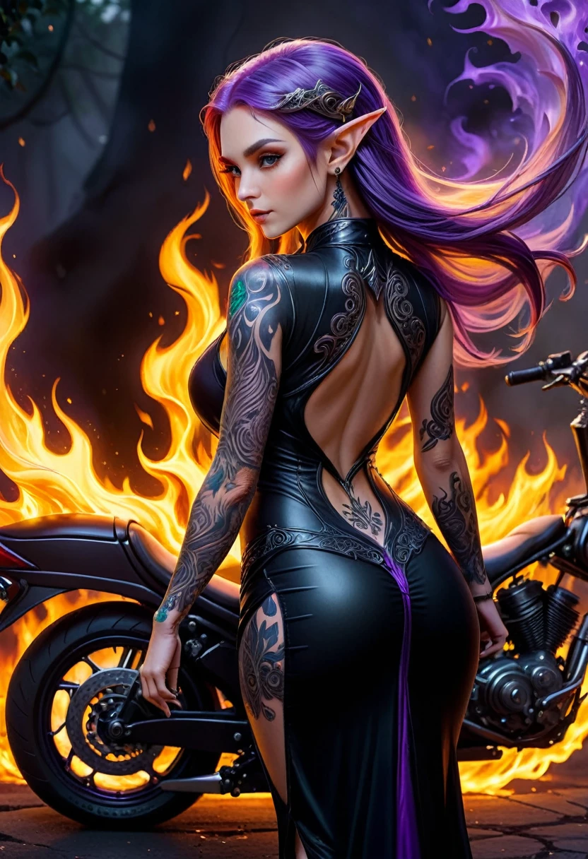 Arafed, Dark fantasy art, fantasy art, goth art, a picture of a of a tattooed female elf near her motorcycle (masterwork, best detailed, ultra detail: 1.5)  the tattoo is vivid, intricate detailed coming to life from the ink to real life, GlowingRunesAI_purple, ((fire surrounds the motorcycle: 1.5)), shot taken from the back, ((the back is visible: 1.3), she wears a transparent black dress, the dress is elegant, flowing, elven style, that the tattoos glow, dynamic hair color, dynamic hair style, high details, best quality, 16k, [ultra detailed], masterpiece, best quality, (extremely detailed), dynamic angle, full body shot, faize,, Digital Painting