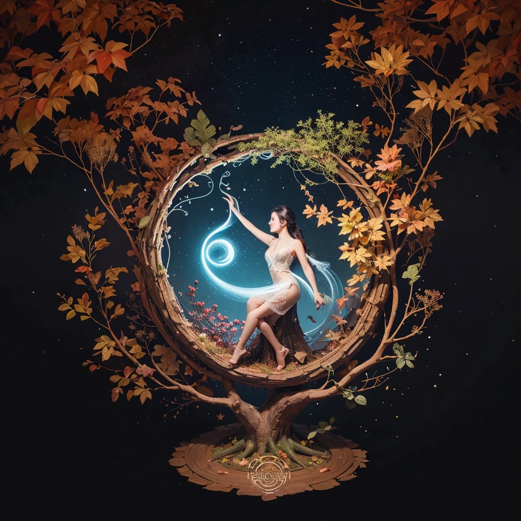circular tree,four seasons,spring,summer,autumn,winter,leaves,roots,branches,trunk,ornate border,decorative,digital illustration,artwork,movement,time,swirling background,dark background,vibrant colors,natural,life cycle,growth,change,nature,life,peace,harmony,spirituality,symbolism,digital art,illustration,painting,graphic design,art,design,digital media,online art,visual art,fine art,fantasy