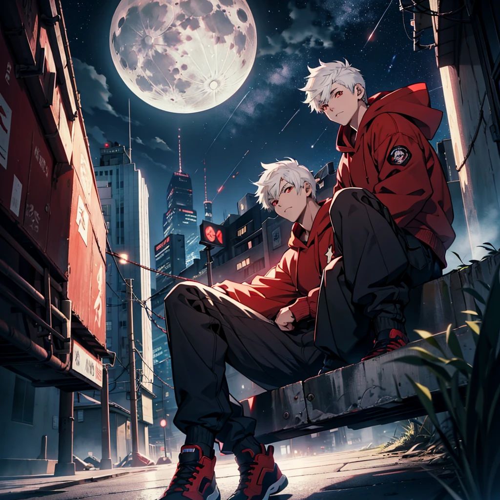Male anime boy , short white hair, red eyes, wearing red hoodie, black cargo pants, sitting, city, night, moon and stars in sky, absurdres, high res, ultrasharp, 8K, masterpiece, looking at viewer